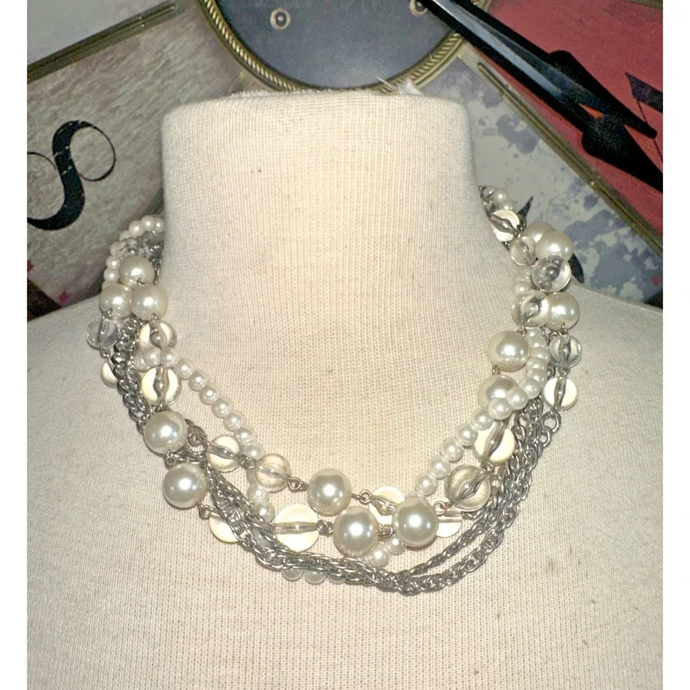 Cookie Lee Multi Strand Necklace Women OS White New Glass Pearl Silver 88081